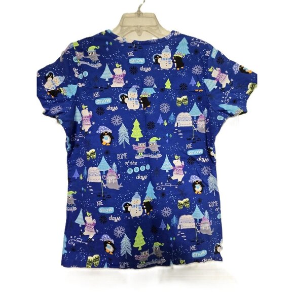 Womens Scrub Star 3XL Scrub Top Blue Snowy Scene Owls & Penguins - Picture 2 of 3
